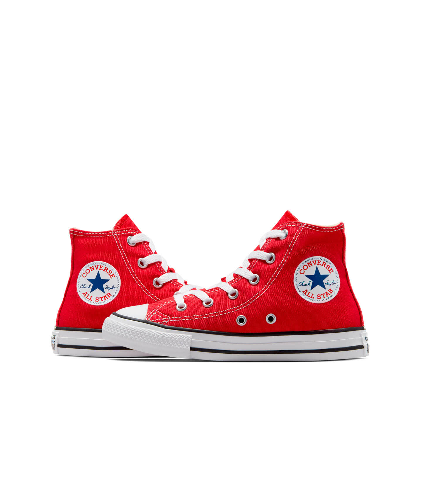 Tenis Converse Chuck Taylor Clásico Rojos en Bota de Lona para Niños Vista lateral encontrada del par