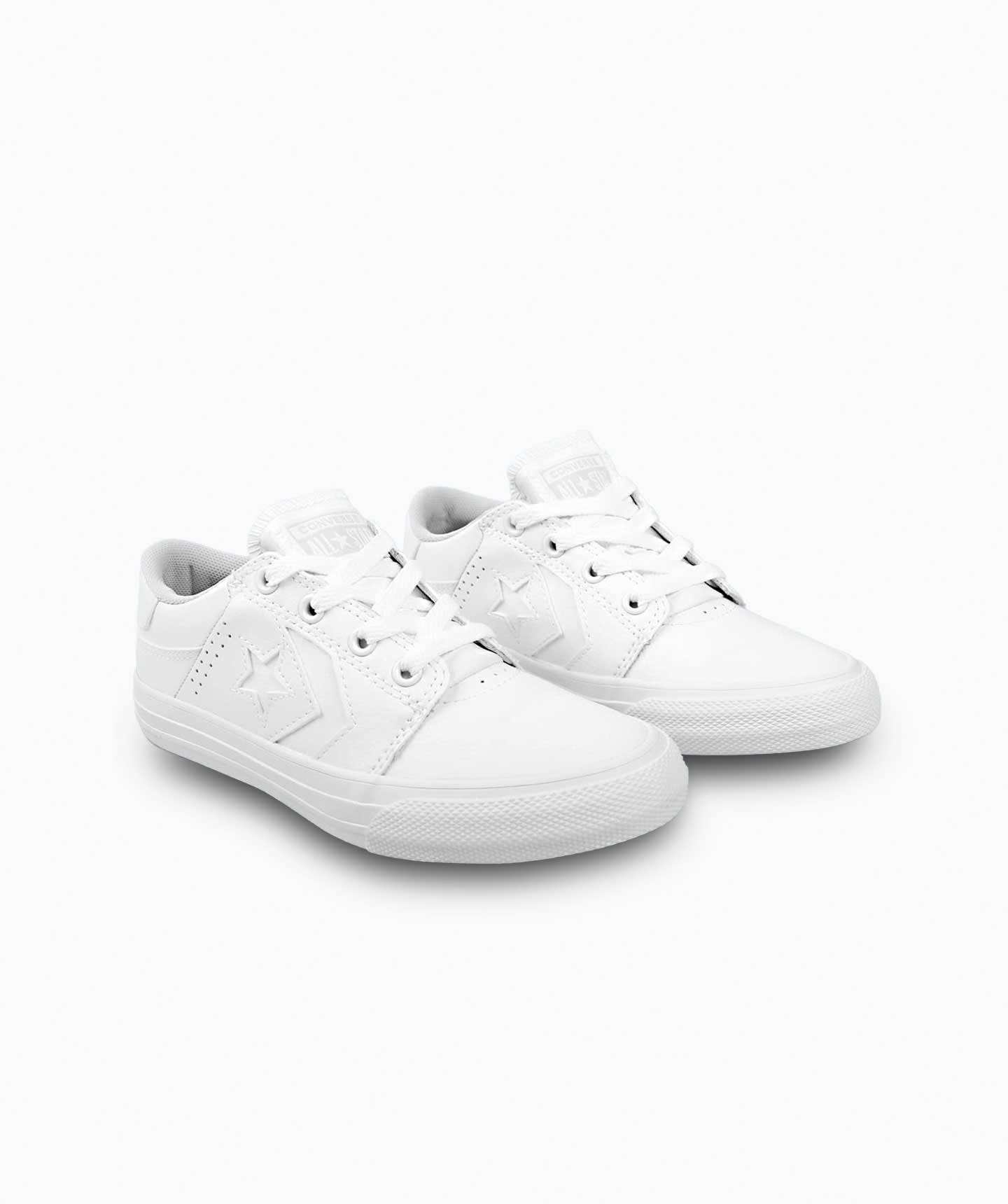 Tenis Converse Tre Star Blancos Monocromaticos en Choclo Tipo Piel para Niños Vista lateral derecha del par