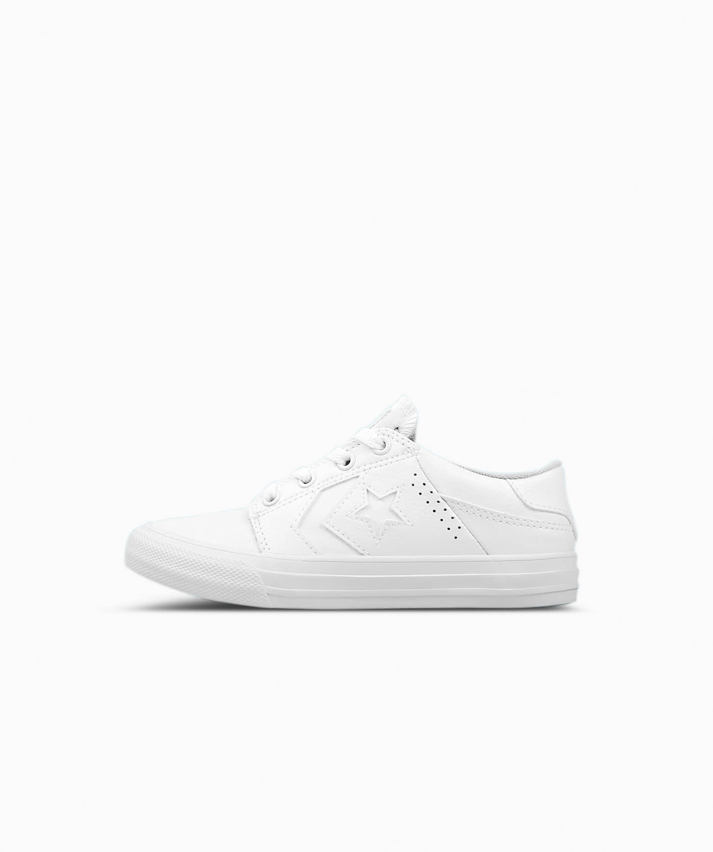 Tenis Converse Tre Star Blancos Monocromaticos en Choclo Tipo Piel para Niños Vista lateral exterior