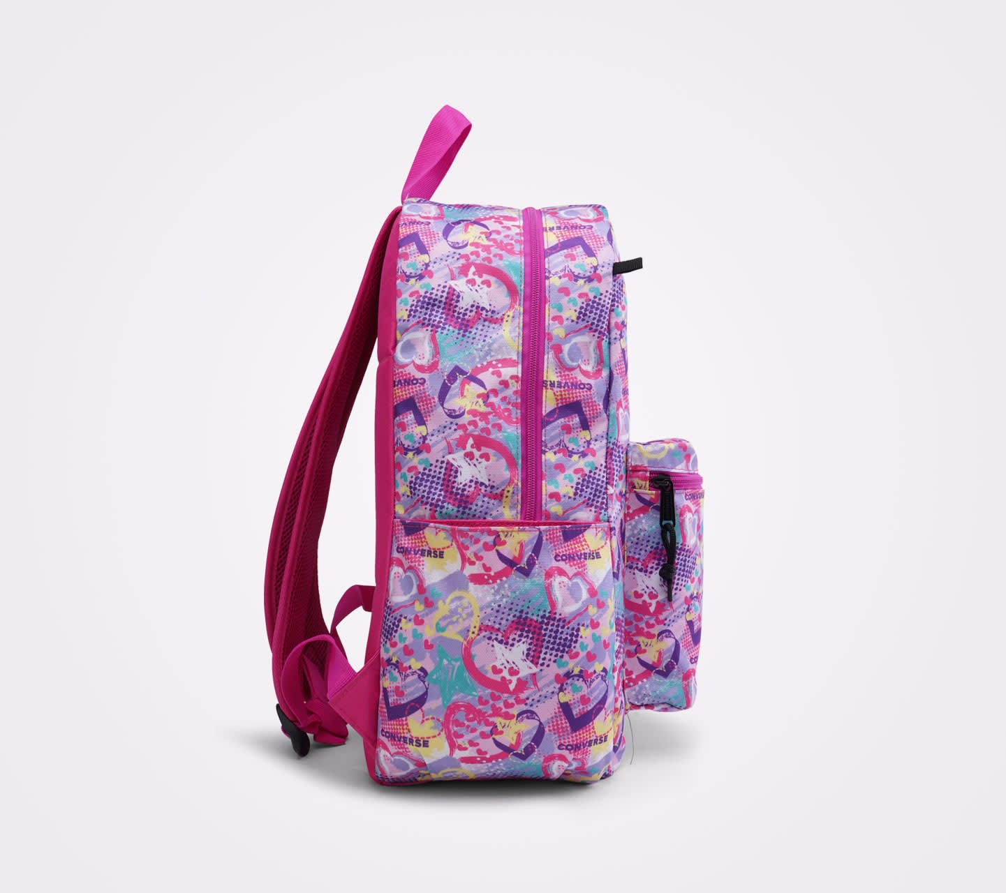 Mochila Converse BTS 24 Rosa con Impresión de Corazones Unisex Vista lateral