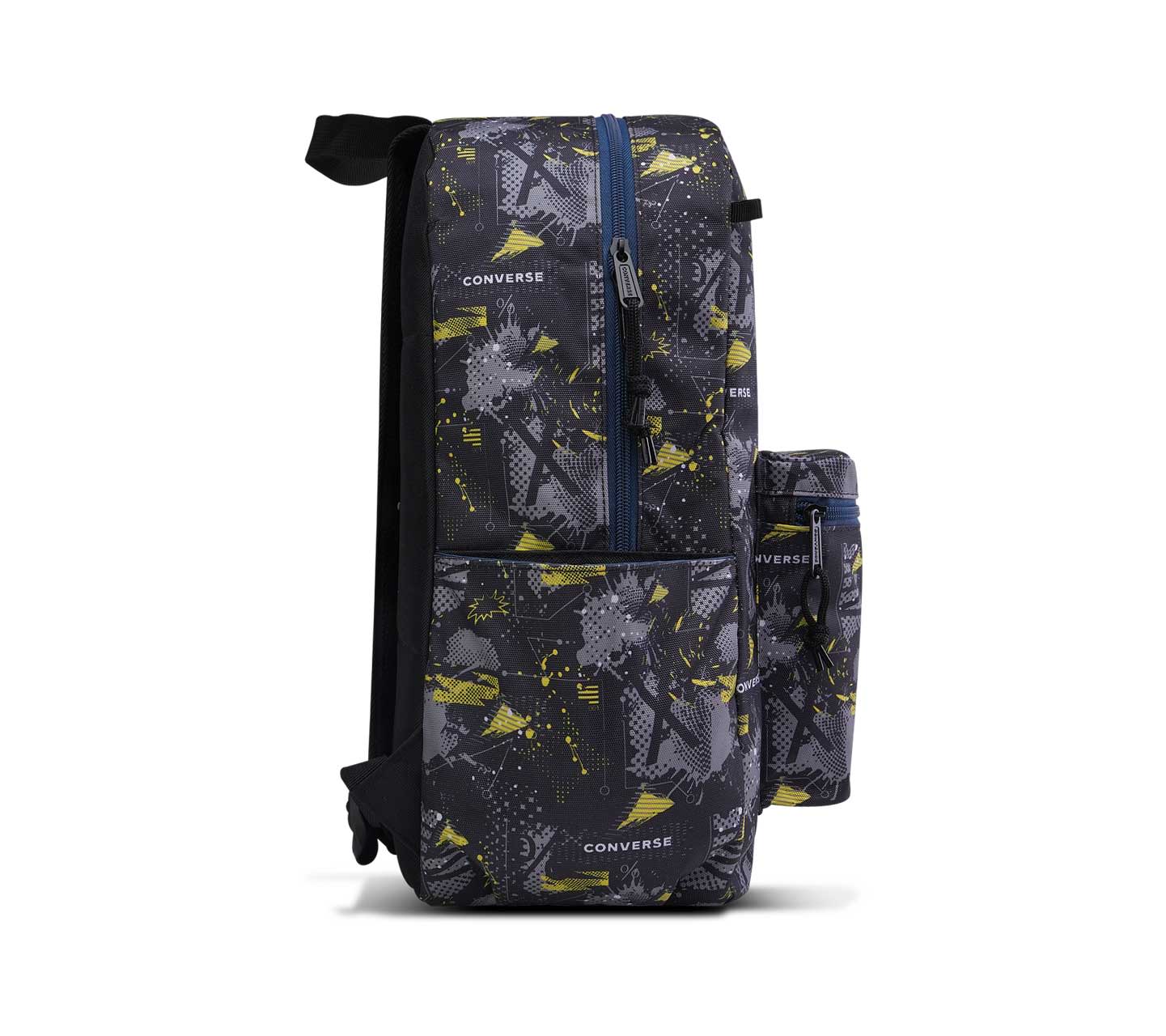 Mochila Converse BTS 24 Negra y Tonos en Contrastes Gris y Amarillo Unisex Vista lateral