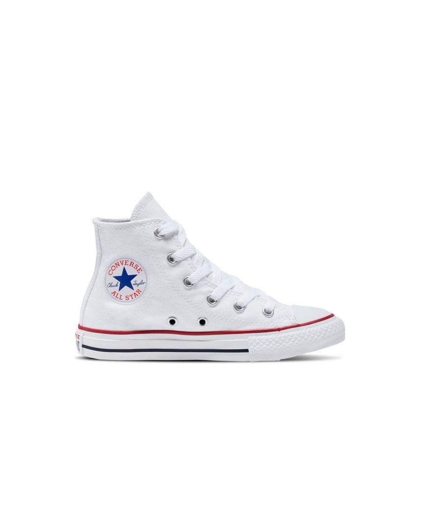 Tenis Converse Chuck Taylor Clásico Blancos en Bota de Lona para Niños Vista lateral exterior pie derecho
