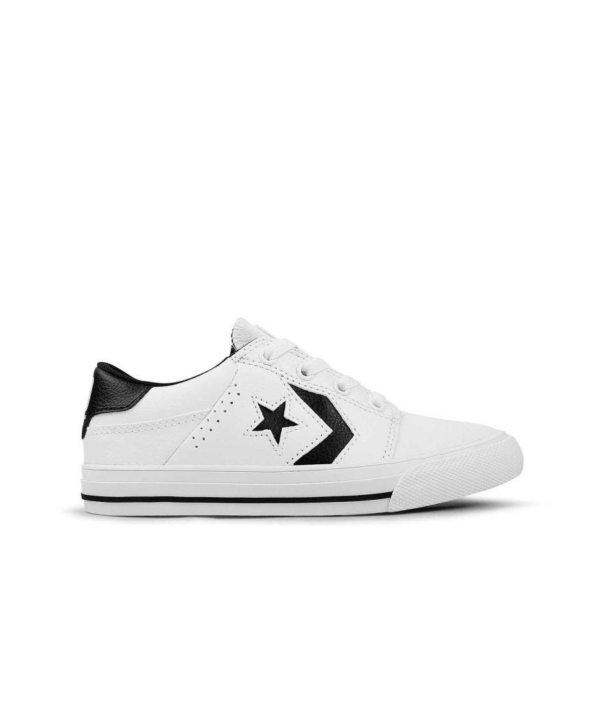 Tenis Converse Tre Star Blancos en Choclo Tipo Piel para Niños Vista lateral exterior pie derecho