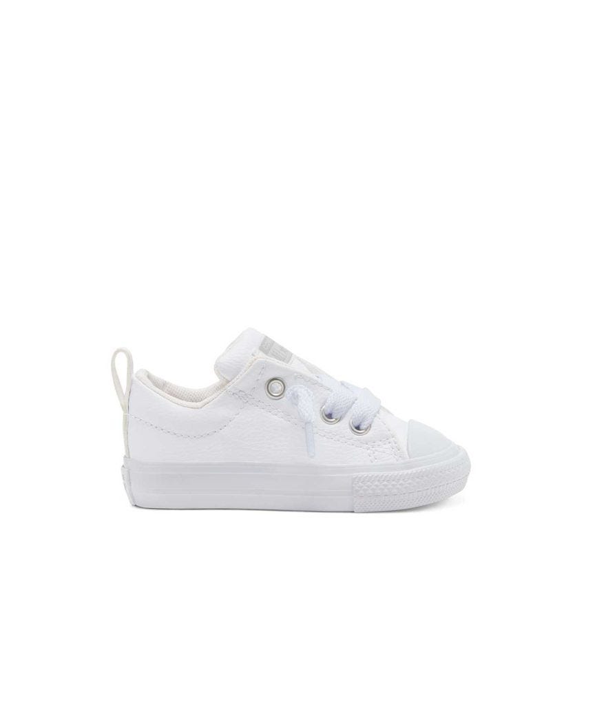 Tenis Converse Chuck Taylor Street Blancos en Choclo Tipo Piel para Niños Vista lateral exterior pie derecho