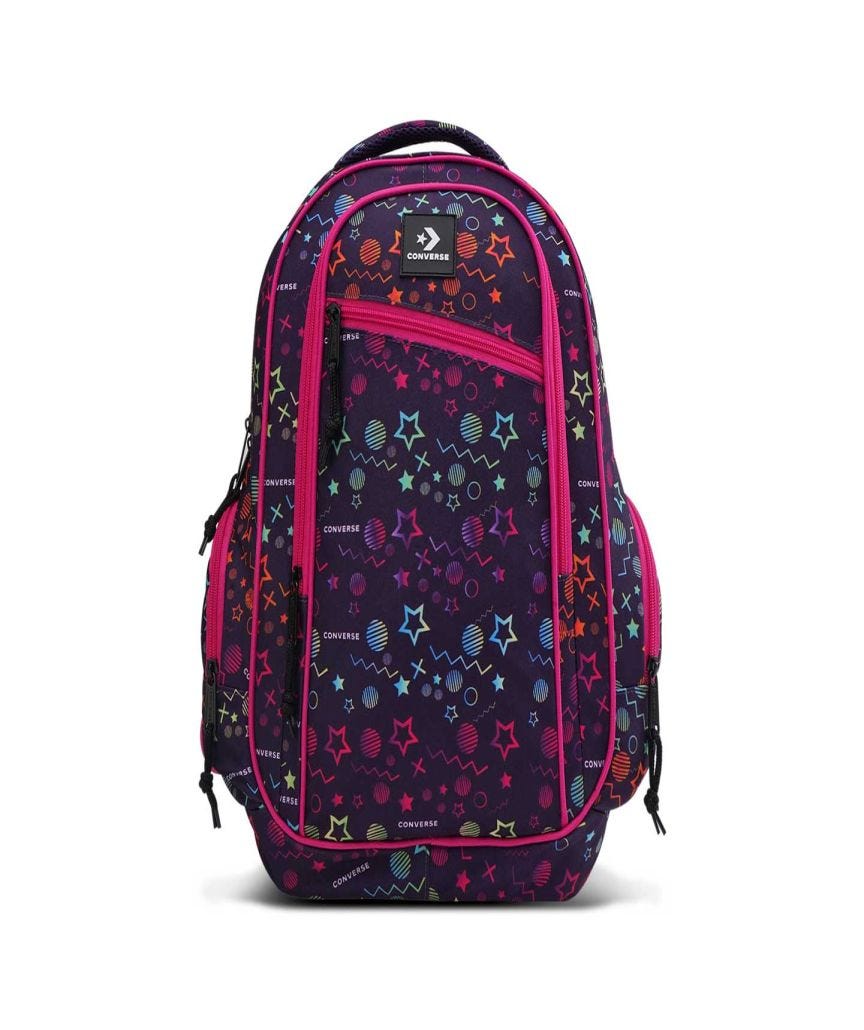 Mochila Converse BTS 24 Lila Multicolor con Fondo Lila Unisex Vista frontal