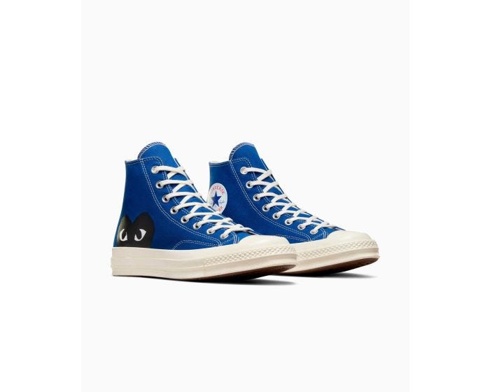 Tenis Converse x CDG Chuck 70 Azules en Bota Unisex Vista lateral derecha del par